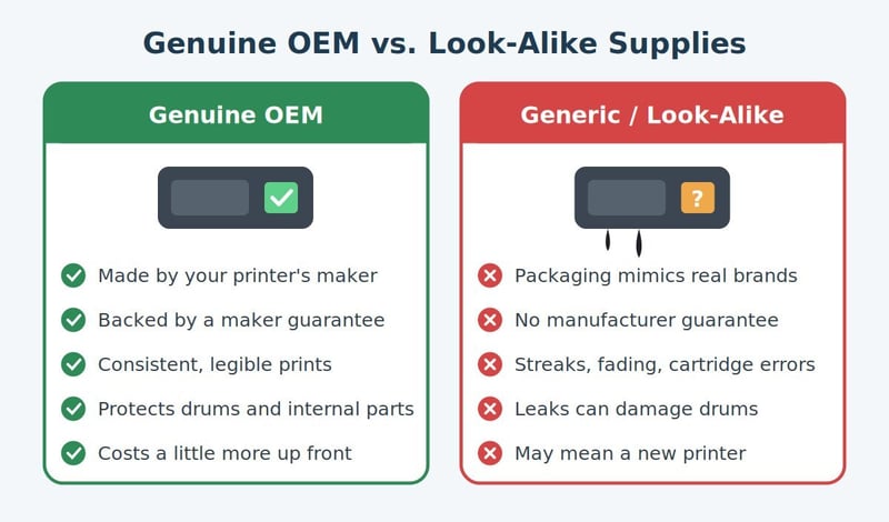 Comparison of genuine OEM printer supplies versus generic look-alike supplies